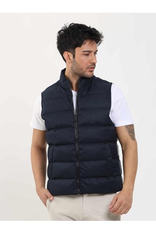 Dufy Lacivert Erkek Regular Fit Düz Fermuarlı Dik Yaka Şişme Yelek Mont - 96248-Lacivert