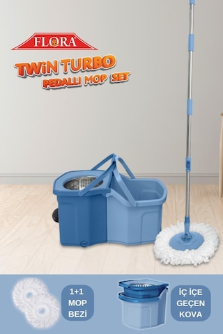 Twin Turbo Pedallı Çelik Mop Set, Temiz Ve Kirli Suyu Ayıran Otomatik Temizlik Seti 1+1 Mop Mavi