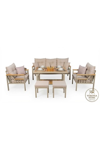 Verona Home Düğmeli Larissa Bahçe Mobilyası Takımı - 3+1+1+2 Puf - Cappuccino/açık Kahve
