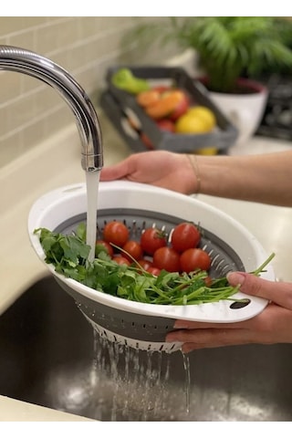 Süzgeç Katlanır Süzgeç Sebze Süzgeci Katlanabilir Süzgeç Oval Silikon Bpa Free Beyaz Gri