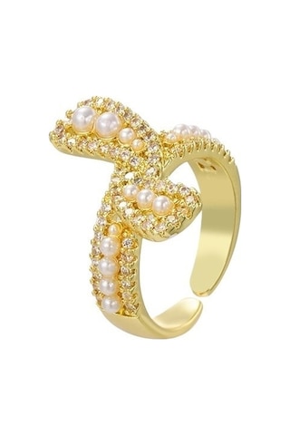 Soulader Kadın Moda Lüks Açık Yüzük Zarif Barok İnci Tasarım Yay Formu Zirkon Taşlı Bakır Kaplama Altın Renk Şık Takı Aksesuar Sarı