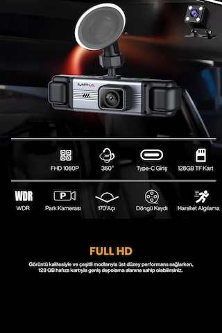 4 Lensli Full Hd 1080p 3.16" Ekran Araç İçi Kamera 4 Kamera Ayarlanabilir Açı Hareket Algılama