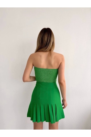 Pileli Düğmeli Etek Açık Yeşil S24811 Yeşil