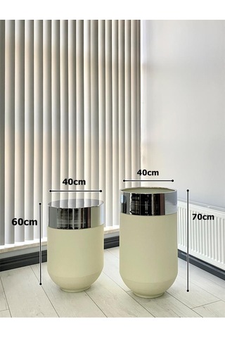 Dekoratif Krom Darbuka Beyaz Saksı 70cm + Sehpa 60cm İkili Set
