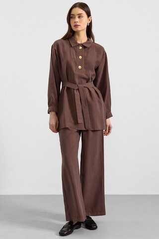 Olcay Metal Düğmeli Soft Kumaş Tunik Pantolon İkili Takım Kahve 9397-tk