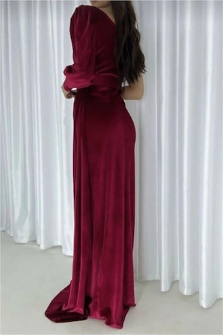 Lior Design Kadın İnce Kadife Kumaş Tek Omuz Kemerli Maxi Abiye Elbise Bordo
