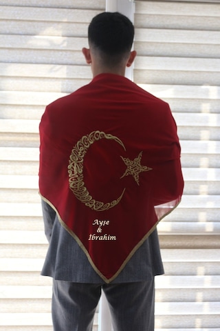 İsimli Damat Kına Asker Şalı Omuz Örtüsü Ayyıldız Nakış Işlemeli Ay Yıldız Gold Isme Özel