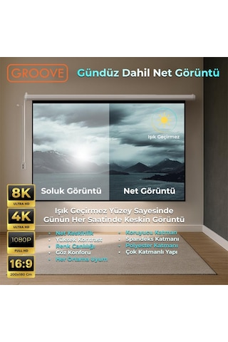 Groove Vizio Pro 200x180cm Blackout Işık Geçirmez Elektrikli Otomatik Kumandalı Projeksiyon Perdesi +motorlu+canlı Renkler+göz Koruması+leke Tutmaz Projector