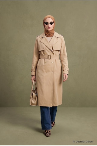 Armine Trend Klasik Yaka Yandan Cepli Çift Düğmeli Trençkot 130 Cm Boy Trenckot Koyu Bej 26kt727