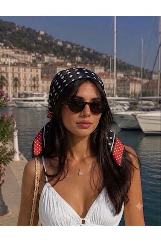 Trend Dokunuş Kadın 50-50 Saten Siyah-kırmızı Puantiyeli Fular Bandana Siyah - Kırmızı