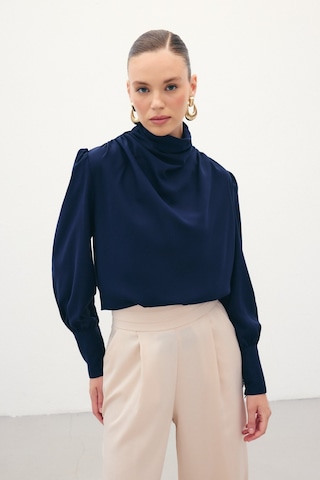 Sateen Drape Detaylı Bluz - Lacivert