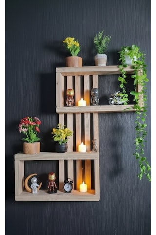 Ahşap Zikzak Duvar Rafı - 75x50 Cm Dekoratif Masif Kitaplık Ve Saksılık - 3 Bölmeli Duvar Dekoru Bej