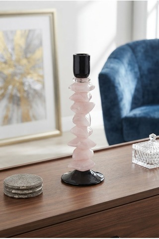 İthal Slıce Cam Şamdan Pembe Büyük 33 Cm Krem - Siyah