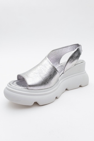 Luvishoes Agusto Metalik Gümüş Hakiki Deri Kadın Dolgu Topuk Sandalet Gümüş