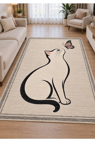 Pati Dostu Kedi Desenli Dijital Baskı Pamuk Dokuma Kaymaz Taban Salon Halısı Ve Çocuk-genç Odası Kare Krem 923552561 Kare Krem