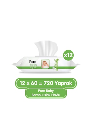 Pure Baby Organik Bambu Özlü Islak Havlu 12 x 60'lı 720 Yaprak