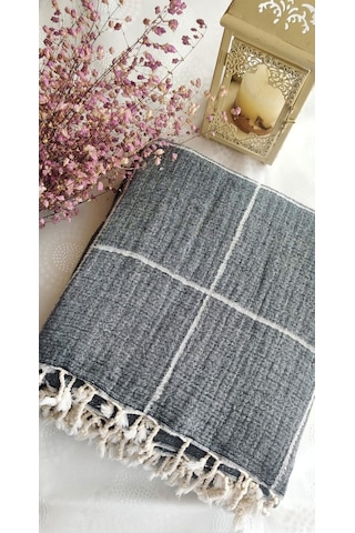 Çizgili Çift Kişilik Organik Müslin Pike 185x220cm Oeko-tex Standard 100 Sertifikalı Antrasit