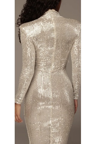 Hanife Glam Couture Balıkçı Yaka Uzun Kollu Midi Elbise Gümüş
