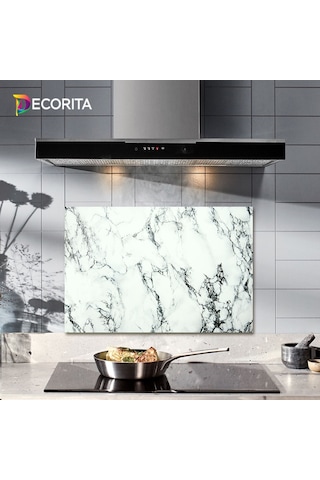 Decorıta Cam Ocak Arkası Koruyucu | Beyaz Mermer Görünümlü