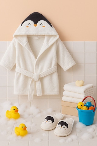 Penguen Desenli Bebek Bornoz Seti 4 Parça Krem