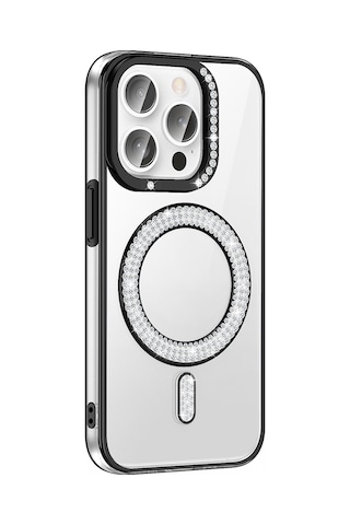 Apple Uyumlu iPhone 14 Pro Max Kılıf Pırlanta Taş Tasarımlı M-safe Şarj Özellikli Zore Karetta Silikon Kapak Siyah