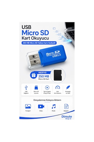 Usb Micro Sd Kart Okuyucu Tf Hafıza Kart Okuyucu + 250 Mb Micro Sd Hediyeli Mavi - 892148298