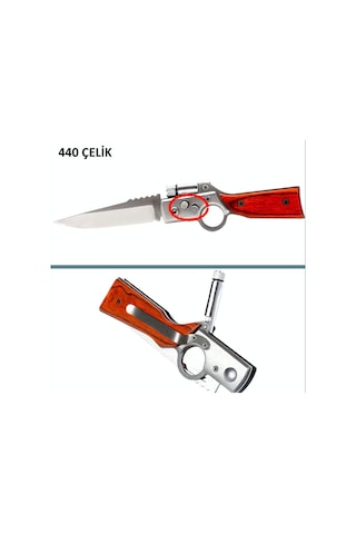 Omeniv Ahşap Saplı Ak47 16cm Kamp Çakı Kamp Bıçak Led Fener Anahtarlık Kahverengi