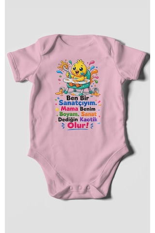 Morivokids Ben Bir Sanatçıyım Yazılı Kısa Kollu Bebek Body %100 Pamuk Koyu Pembe
