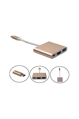 Wozlo Apple Uyumlu iPad  Pro 11" A1980 A1979 A1934 Type-C to Hdmi USB 3.0 Çevirici Dönüştürücü Kablo Gold