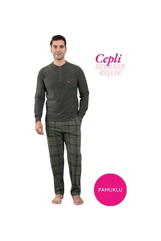 Erkek 3 Düğme Göğüs Cepli Kışlık Pamuklu Selanik Kumaş Uzun Manşetli Kol Cepli Pijama Takımı Haki