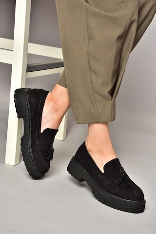 Fox Shoes T996193002 Siyah Süet Kalın Tabanlı Makosen Ayakkabı Siyah