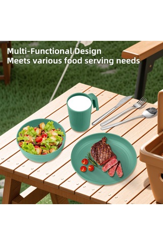 Samdoo Mavi 1 Kişilik Kamp Malzemesi: Buğday Samanı Tabak, Kase, Bardak Ve Paslanmaz Çelik Beste Bıçak, Kaşık, Çatal - Outdoor Piknik Yemeği Seti Mavi