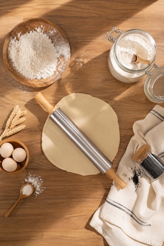Porsima Mnb05774 Ahşap Saplı Paslanmaz Çelik Merdana Oklava Hamur Pizza Börek Açma Oklava 48cm