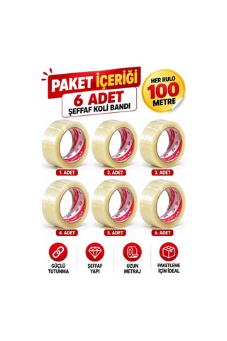 Vege 6 Lı Şeffaf Koli Bandı Seti 100 Metre Toplam 600 Metre Güçlü Yapışkanlı Paketleme Ve Kargo Ba Diğer
