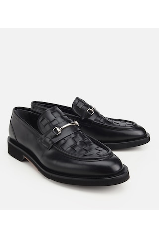 Hotiç Erkek Deri Siyah Örme Metal Detaylı Klasik Loafer