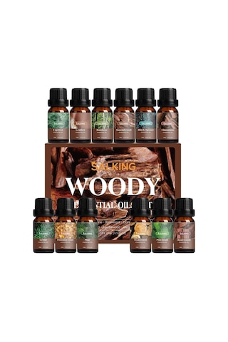 Salking Odunsu Uçucu Yağ Seti 12x10ml, Aroma Terapisi, Doğal Koku Yağları