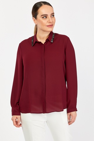 Pera Moda Büyük Beden Yaka Boncuklu Gömlek Bordo