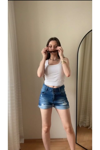 Pass&pass 2060 Kadın Lazerli Duble Paça Jeans Denim Kot Şort Mavi