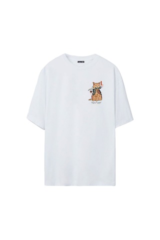 Thewert Unisex Samuray Cat Baskılı Beyaz Oversize Tshirt
