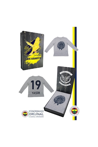Fenerium Fenerbahçe Lisanslı Kişiye Özel Yaldızlı Fb Logo Gri Çocuk Sweat Ahşap Kutulu Lacivert
