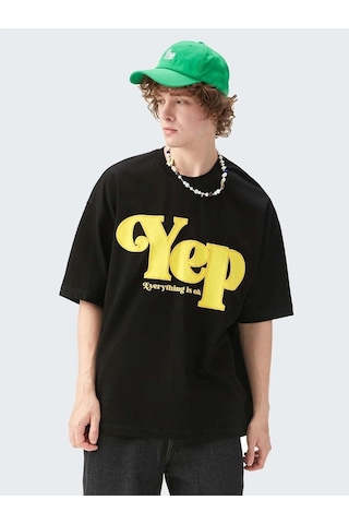 Erkek Siyah Oversize Yep Baskılı T-shirt Siyah