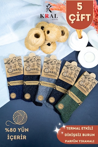 Kral Socks Kışlık Termal Etkili Lambswool Kuzu Yünlü Unisex Çorap 5'li Paket Çok Renkli
