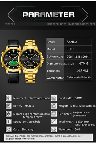 Sanda 33011 Erkekler İçin Elektronik Çok Fonksiyonlu Saat Kemer Siyah Ve Beyaz