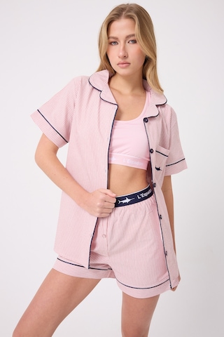 Lespadon Marısılk Seastrıpe Kadın Yazlık Şortlu Uzun Gömlekli Pijama & Lounge Takımı -3182 Pudra