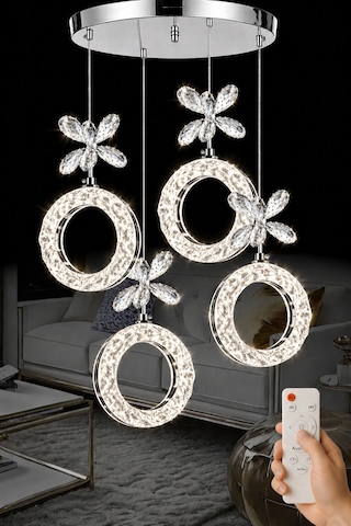 Medusa Model 4 Lü Krom Kaplama 3 Renk Kumandalı Salon Mutfak Oturma Yatak Odası Modern Led Avize