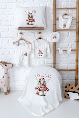 Pia Baby İsim Yazılı 11'li Bebek Hastane Çıkışı Organik %100 Pamuk Kutulu Hediyelik Set Ekru