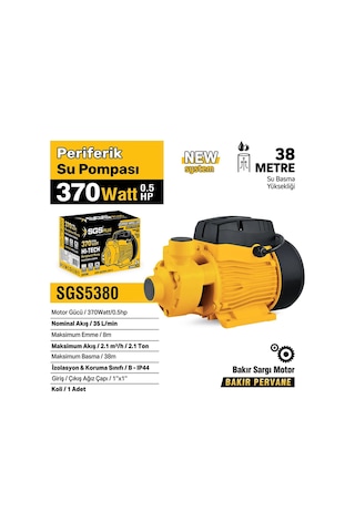 Sgs5380 Periferik Su Pompası 370 Watt 0.5 Hp 38 Metre Bakır Sargı