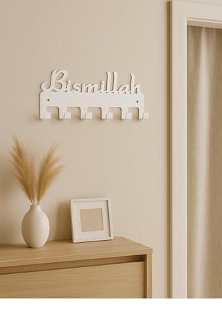 Lunoart Bismillah Yazılı Metal Anahtarlık Askılığı Siyah 6 Askılı Modern Duvar Dekoru Beyaz