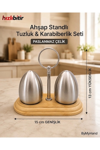 Bymyhand Çelik Ahşap Stantlı Ev Lokanta Ve Restoran İçin Tuzluk Ve Karabiberlik 2'li Set Metalik Gri