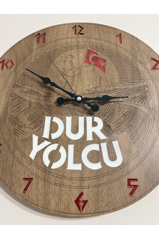 Ahşap Desen Duvar Saati - Dur Yolcu, Çanakkale Geçilmez - Epoksi Reçine Kaplamalı - 40 Cm Ahşap